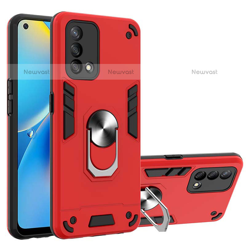 Silicone Matte Finish and Plastic Back Cover Case with Magnetic Finger Ring Stand Y01B for Oppo A74 4G