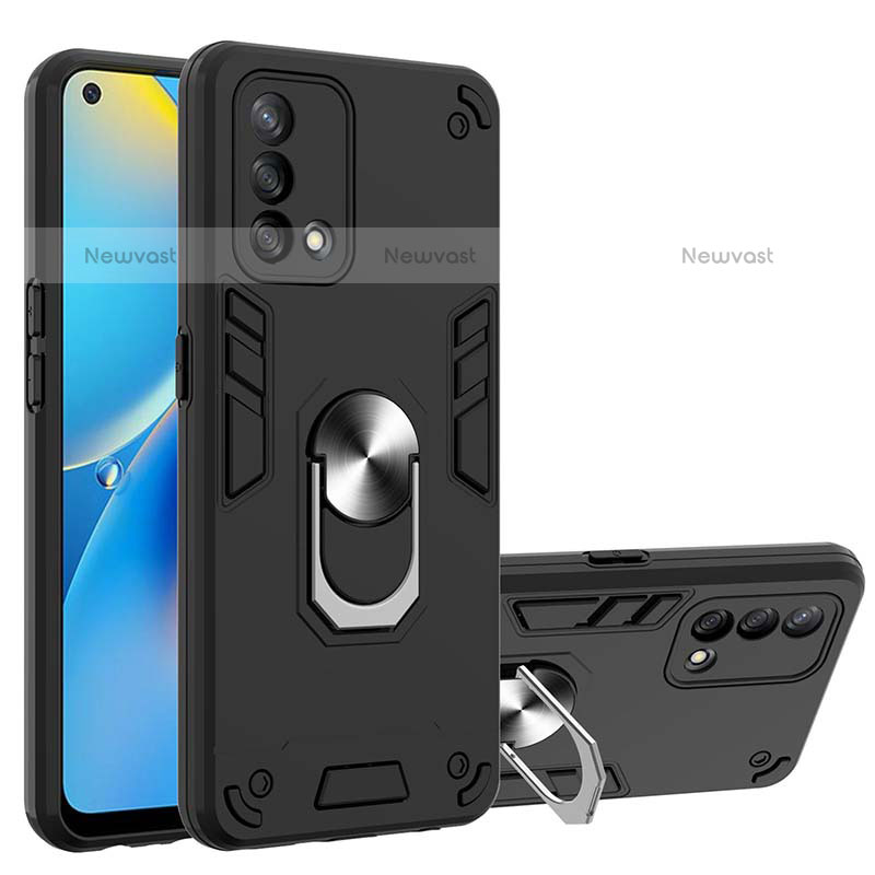 Silicone Matte Finish and Plastic Back Cover Case with Magnetic Finger Ring Stand Y01B for Oppo A74 4G Black