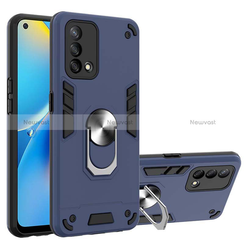 Silicone Matte Finish and Plastic Back Cover Case with Magnetic Finger Ring Stand Y01B for Oppo F19 Blue