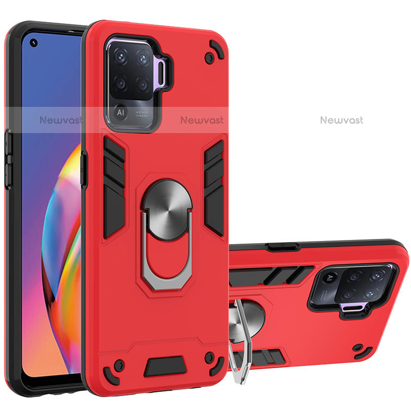 Silicone Matte Finish and Plastic Back Cover Case with Magnetic Finger Ring Stand Y01B for Oppo F19 Pro Red