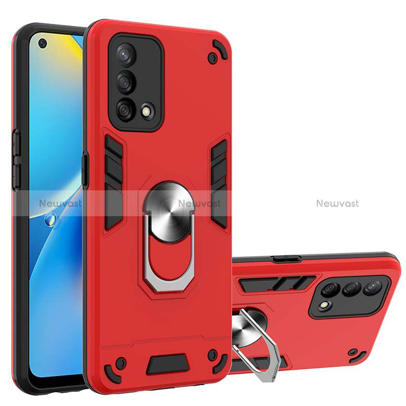 Silicone Matte Finish and Plastic Back Cover Case with Magnetic Finger Ring Stand Y01B for Oppo F19s Red