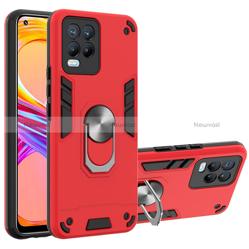 Silicone Matte Finish and Plastic Back Cover Case with Magnetic Finger Ring Stand Y01B for Realme 8 4G Red