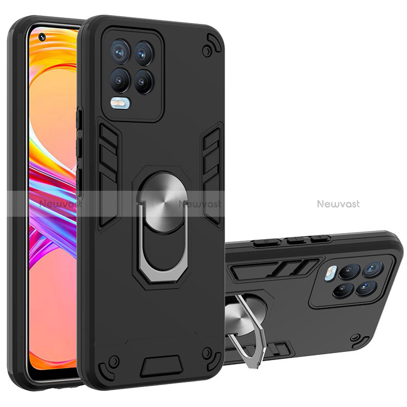 Silicone Matte Finish and Plastic Back Cover Case with Magnetic Finger Ring Stand Y01B for Realme 8 Pro Black