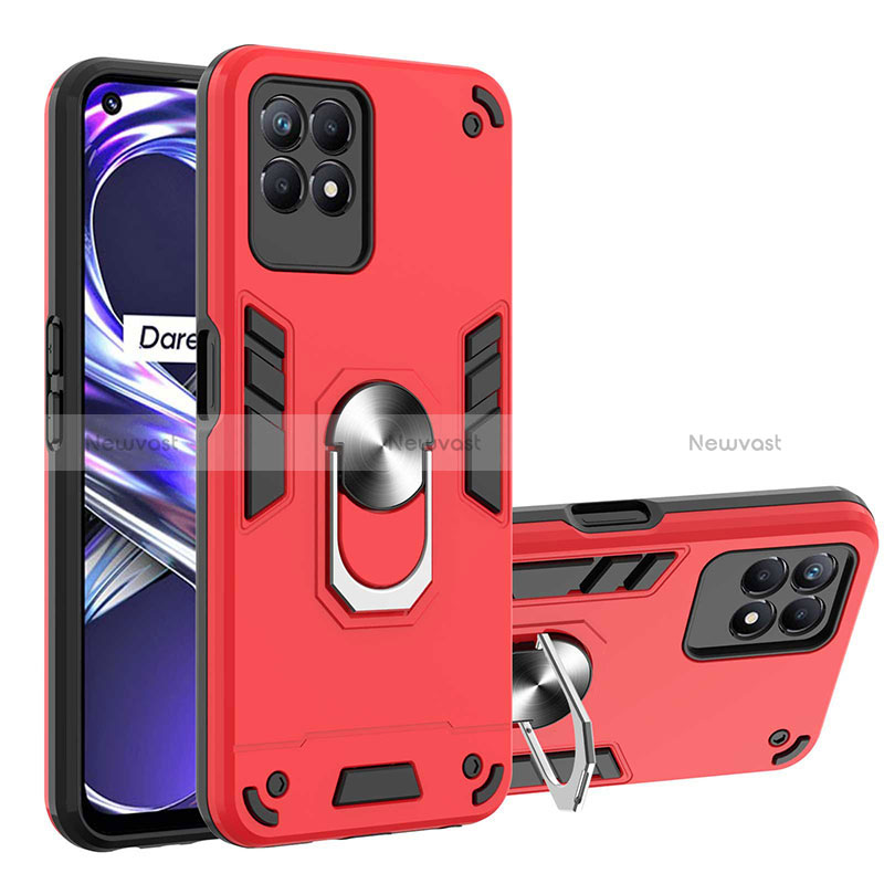 Silicone Matte Finish and Plastic Back Cover Case with Magnetic Finger Ring Stand Y01B for Realme 8i Red