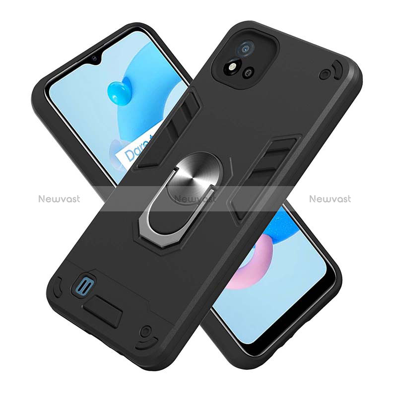 Silicone Matte Finish and Plastic Back Cover Case with Magnetic Finger Ring Stand Y01B for Realme C11 (2021)