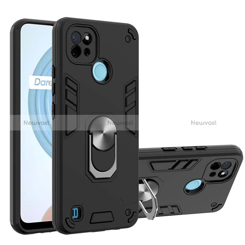 Silicone Matte Finish and Plastic Back Cover Case with Magnetic Finger Ring Stand Y01B for Realme C21