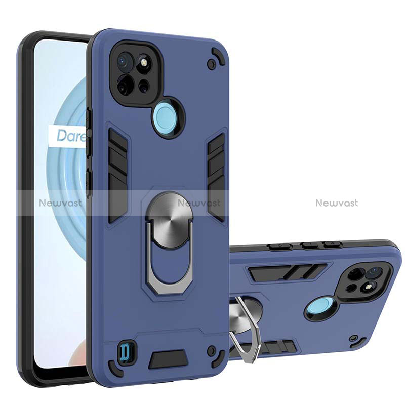 Silicone Matte Finish and Plastic Back Cover Case with Magnetic Finger Ring Stand Y01B for Realme C21