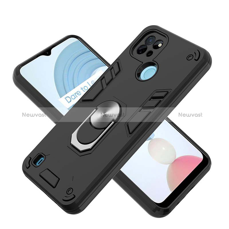 Silicone Matte Finish and Plastic Back Cover Case with Magnetic Finger Ring Stand Y01B for Realme C21