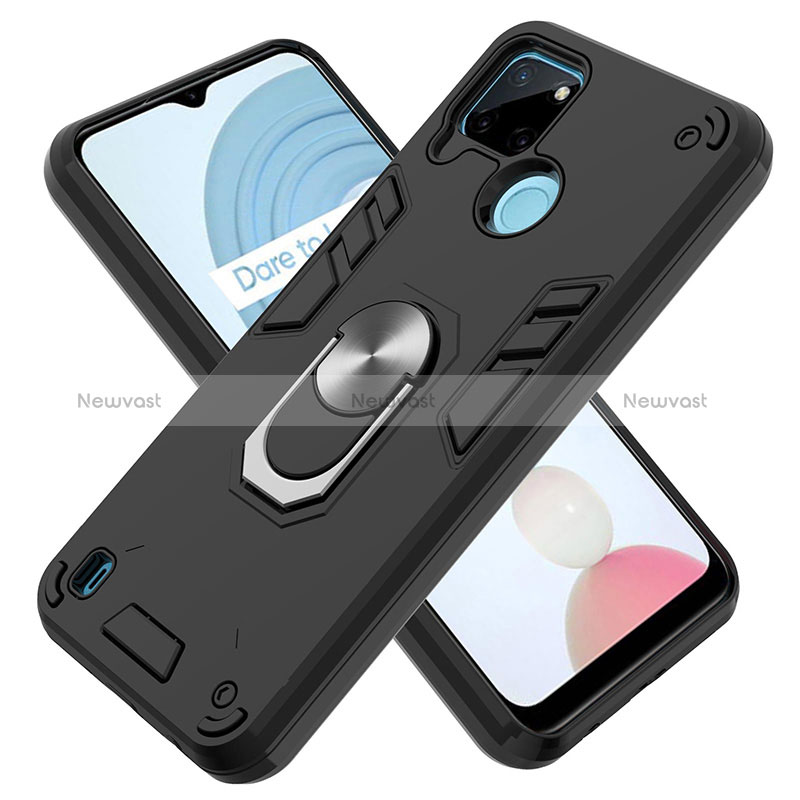 Silicone Matte Finish and Plastic Back Cover Case with Magnetic Finger Ring Stand Y01B for Realme C25Y