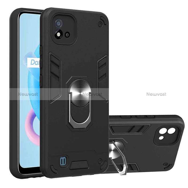 Silicone Matte Finish and Plastic Back Cover Case with Magnetic Finger Ring Stand Y01B for Realme Narzo 50i Black