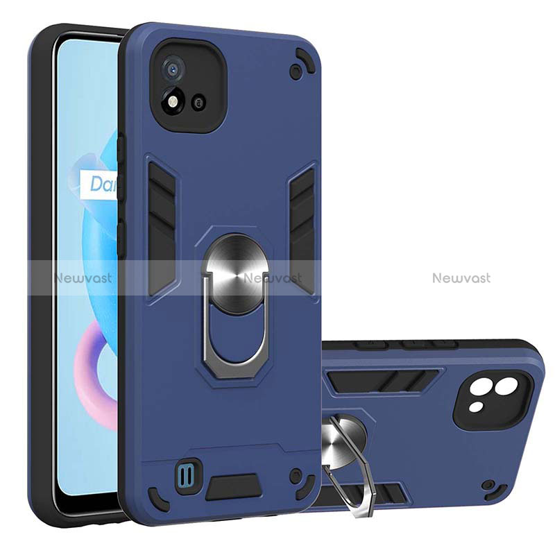 Silicone Matte Finish and Plastic Back Cover Case with Magnetic Finger Ring Stand Y01B for Realme Narzo 50i Blue