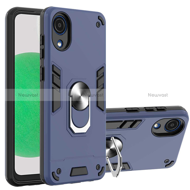 Silicone Matte Finish and Plastic Back Cover Case with Magnetic Finger Ring Stand Y01B for Samsung Galaxy A03 Core Blue