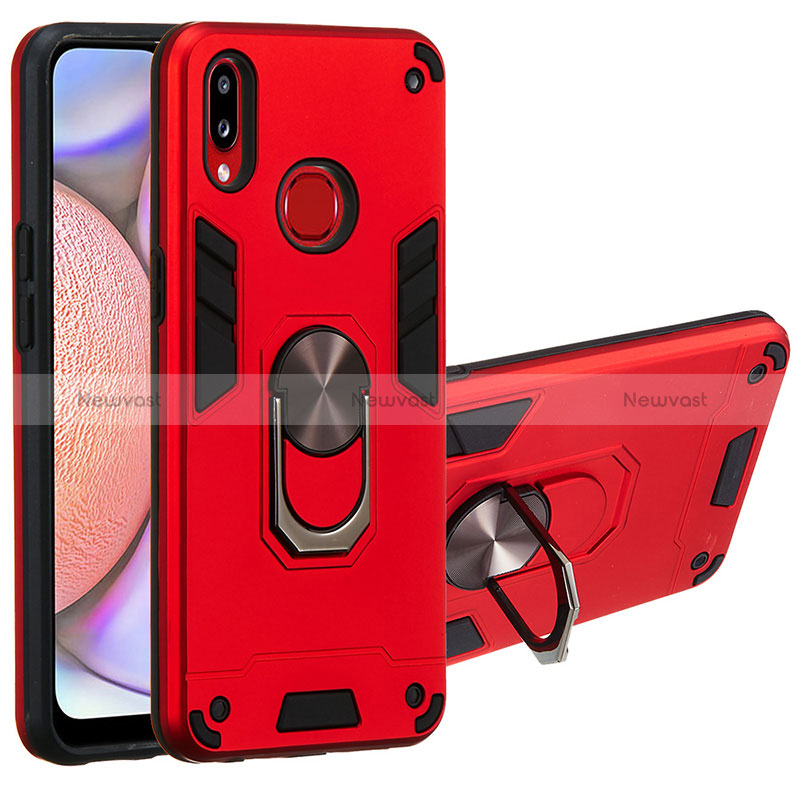 Silicone Matte Finish and Plastic Back Cover Case with Magnetic Finger Ring Stand Y01B for Samsung Galaxy A10s Red