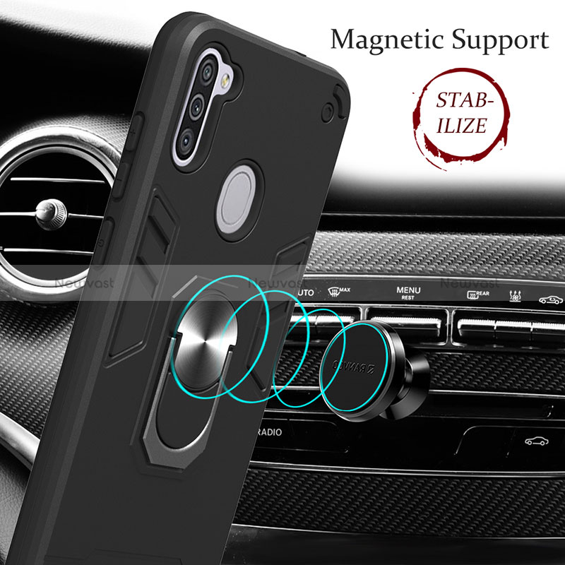 Silicone Matte Finish and Plastic Back Cover Case with Magnetic Finger Ring Stand Y01B for Samsung Galaxy A11