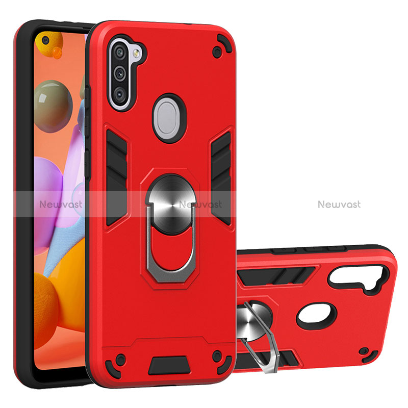 Silicone Matte Finish and Plastic Back Cover Case with Magnetic Finger Ring Stand Y01B for Samsung Galaxy A11 Red