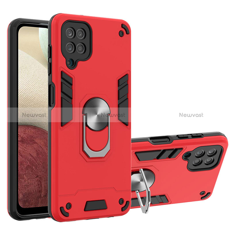 Silicone Matte Finish and Plastic Back Cover Case with Magnetic Finger Ring Stand Y01B for Samsung Galaxy A12 5G Red