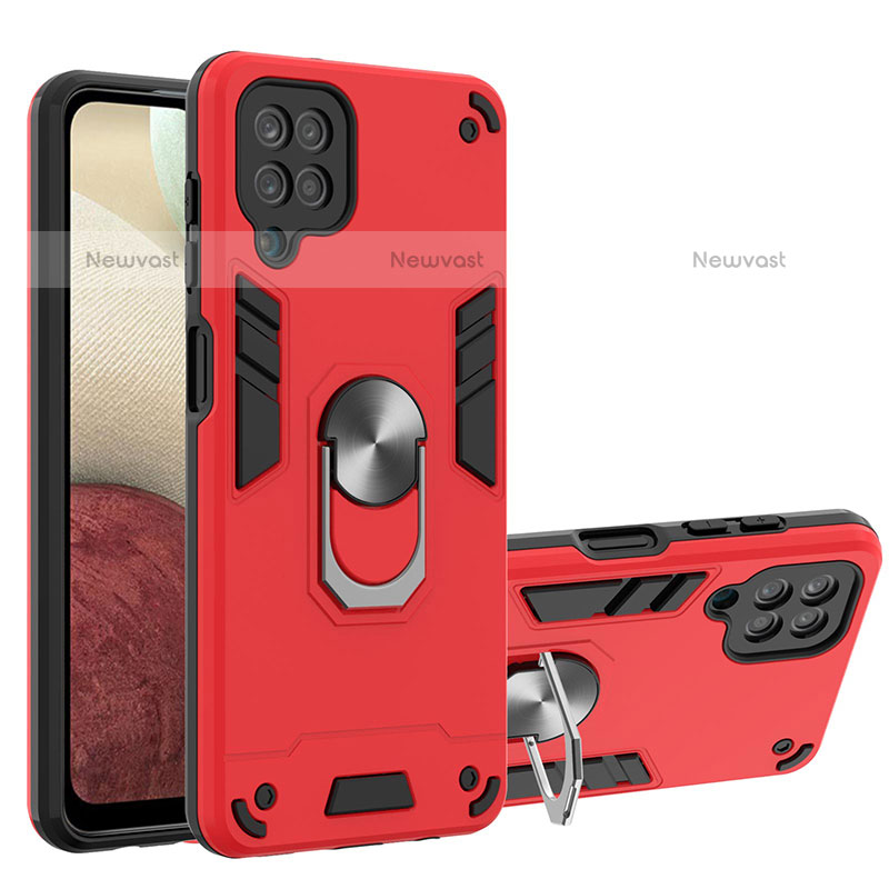 Silicone Matte Finish and Plastic Back Cover Case with Magnetic Finger Ring Stand Y01B for Samsung Galaxy A12 Red