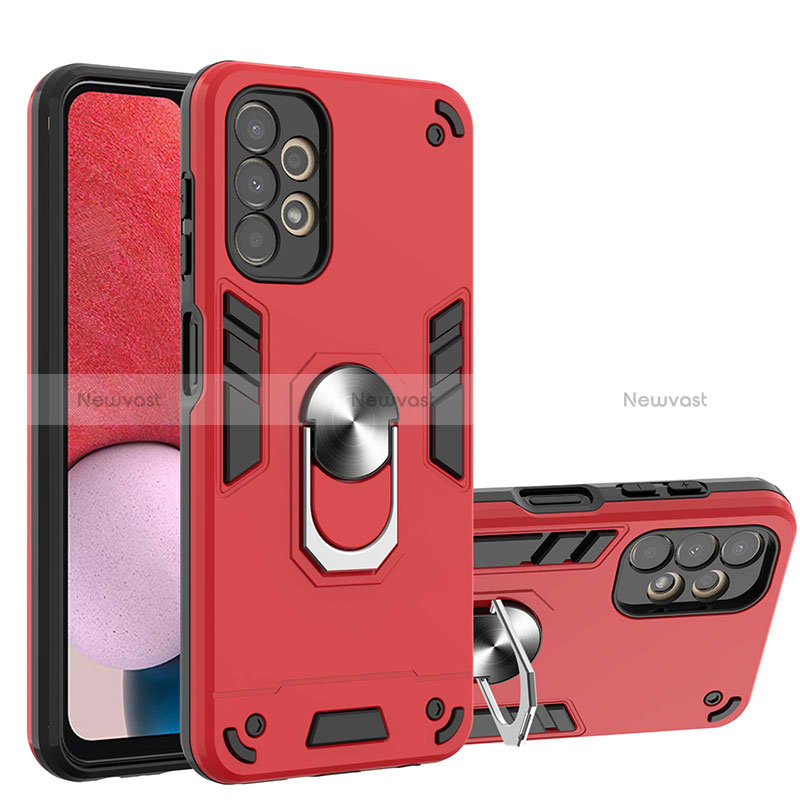 Silicone Matte Finish and Plastic Back Cover Case with Magnetic Finger Ring Stand Y01B for Samsung Galaxy A13 4G Red