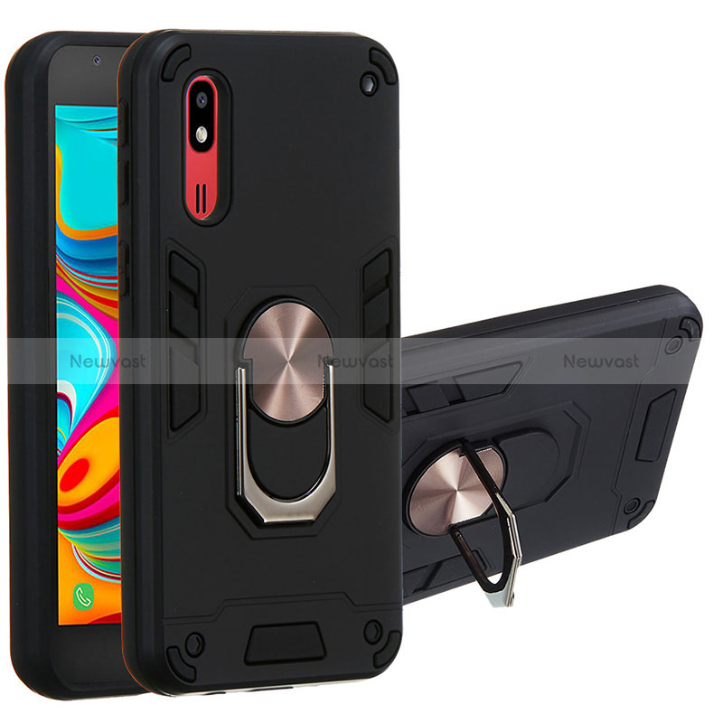 Silicone Matte Finish and Plastic Back Cover Case with Magnetic Finger Ring Stand Y01B for Samsung Galaxy A2 Core A260F A260G Black