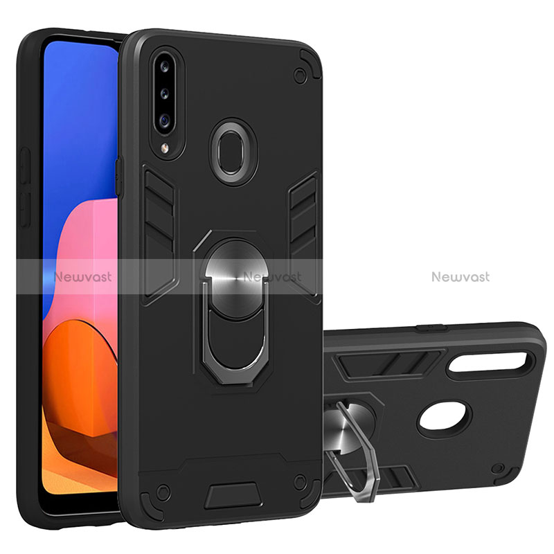 Silicone Matte Finish and Plastic Back Cover Case with Magnetic Finger Ring Stand Y01B for Samsung Galaxy A20s