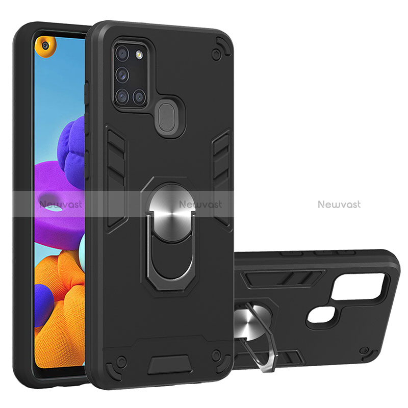 Silicone Matte Finish and Plastic Back Cover Case with Magnetic Finger Ring Stand Y01B for Samsung Galaxy A21s Black