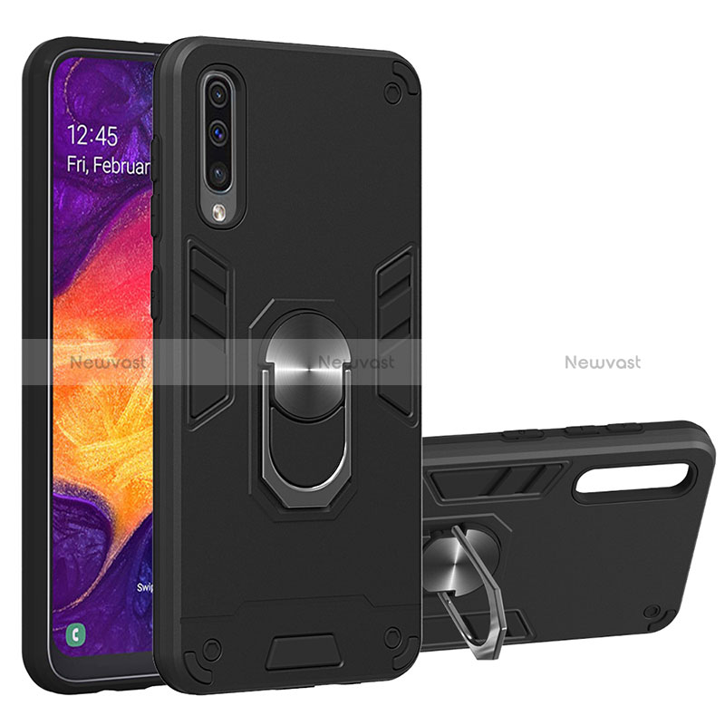 Silicone Matte Finish and Plastic Back Cover Case with Magnetic Finger Ring Stand Y01B for Samsung Galaxy A30S Black