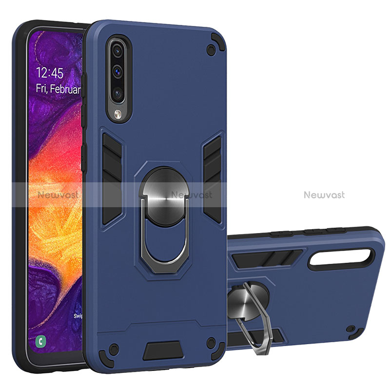 Silicone Matte Finish and Plastic Back Cover Case with Magnetic Finger Ring Stand Y01B for Samsung Galaxy A30S Blue