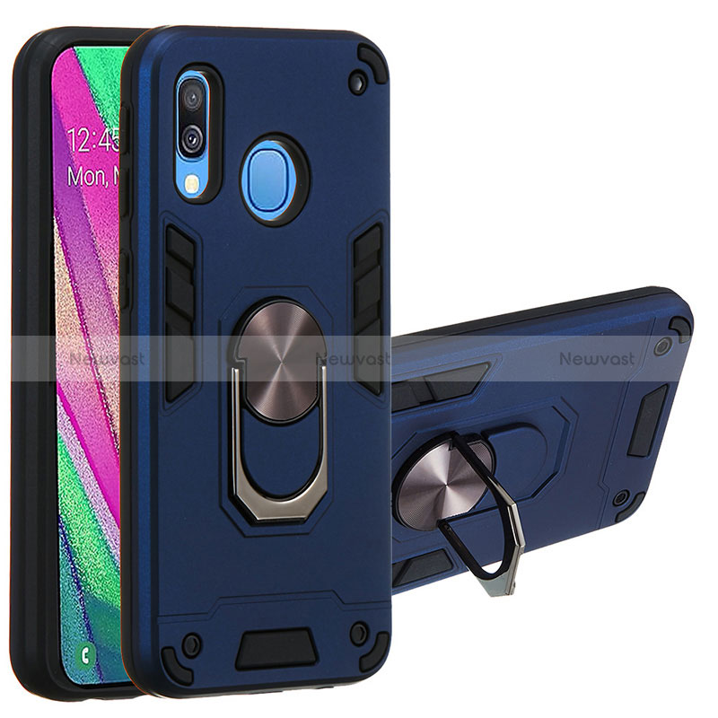 Silicone Matte Finish and Plastic Back Cover Case with Magnetic Finger Ring Stand Y01B for Samsung Galaxy A40 Blue