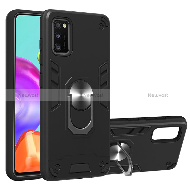 Silicone Matte Finish and Plastic Back Cover Case with Magnetic Finger Ring Stand Y01B for Samsung Galaxy A41 Black