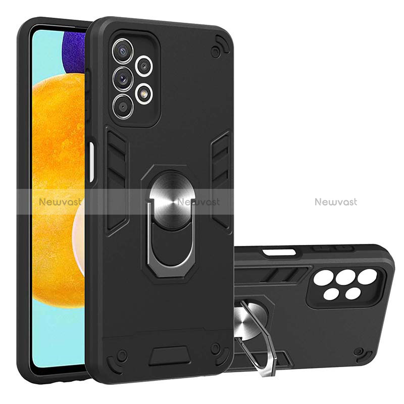 Silicone Matte Finish and Plastic Back Cover Case with Magnetic Finger Ring Stand Y01B for Samsung Galaxy A52 5G Black