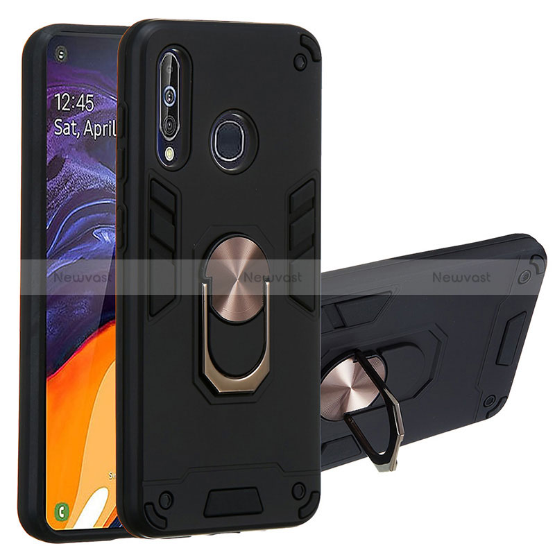 Silicone Matte Finish and Plastic Back Cover Case with Magnetic Finger Ring Stand Y01B for Samsung Galaxy A60 Black