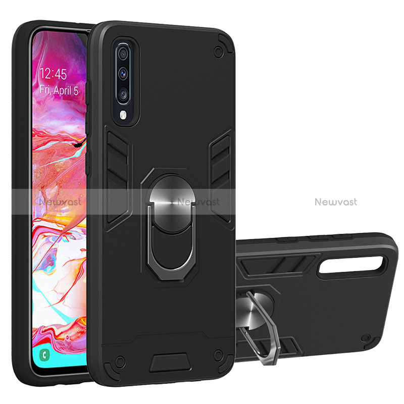 Silicone Matte Finish and Plastic Back Cover Case with Magnetic Finger Ring Stand Y01B for Samsung Galaxy A70 Black