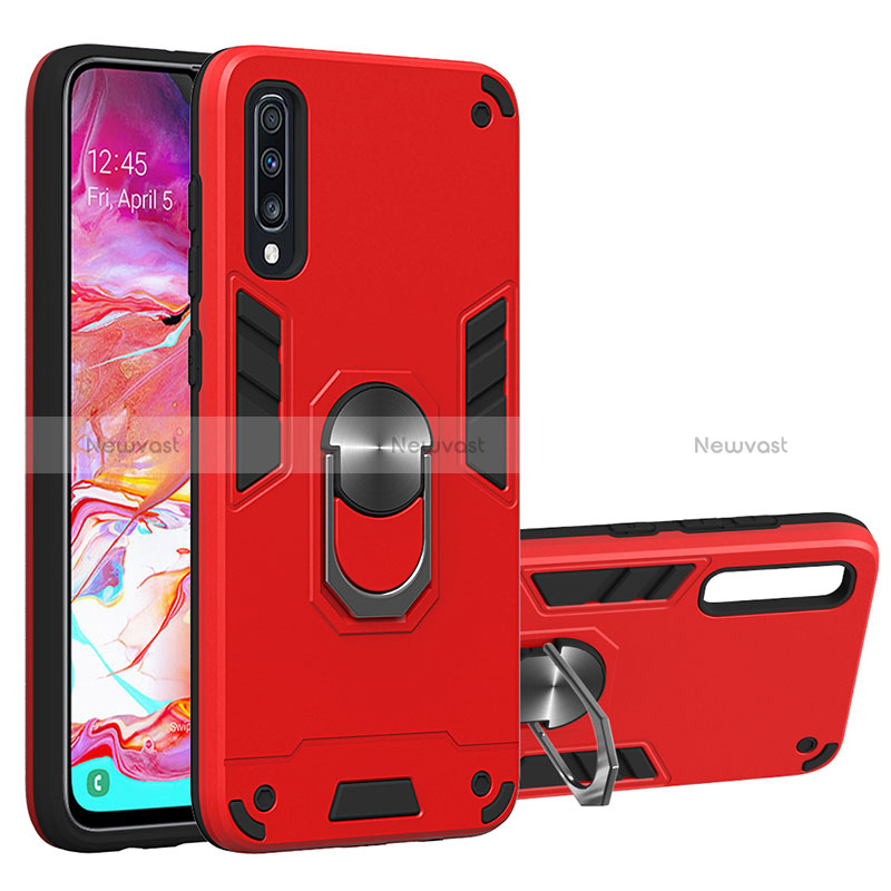 Silicone Matte Finish and Plastic Back Cover Case with Magnetic Finger Ring Stand Y01B for Samsung Galaxy A70 Red