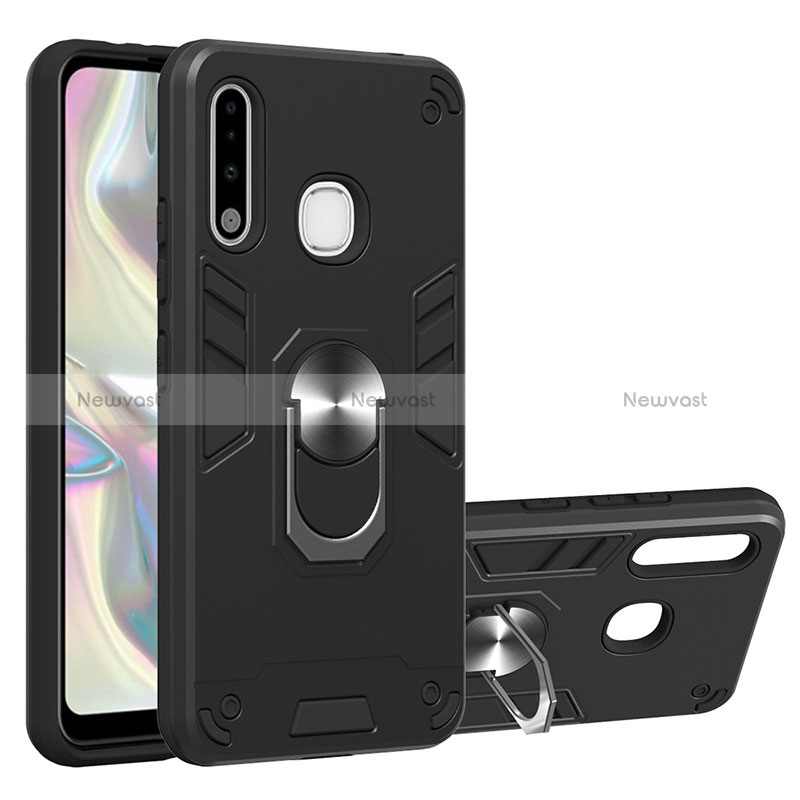 Silicone Matte Finish and Plastic Back Cover Case with Magnetic Finger Ring Stand Y01B for Samsung Galaxy A70E Black