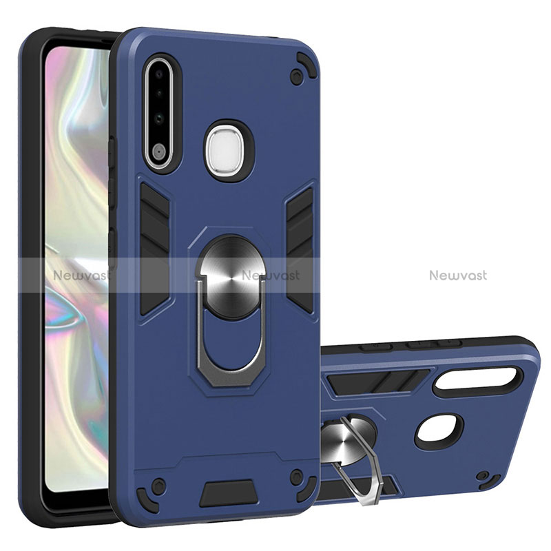 Silicone Matte Finish and Plastic Back Cover Case with Magnetic Finger Ring Stand Y01B for Samsung Galaxy A70E Blue