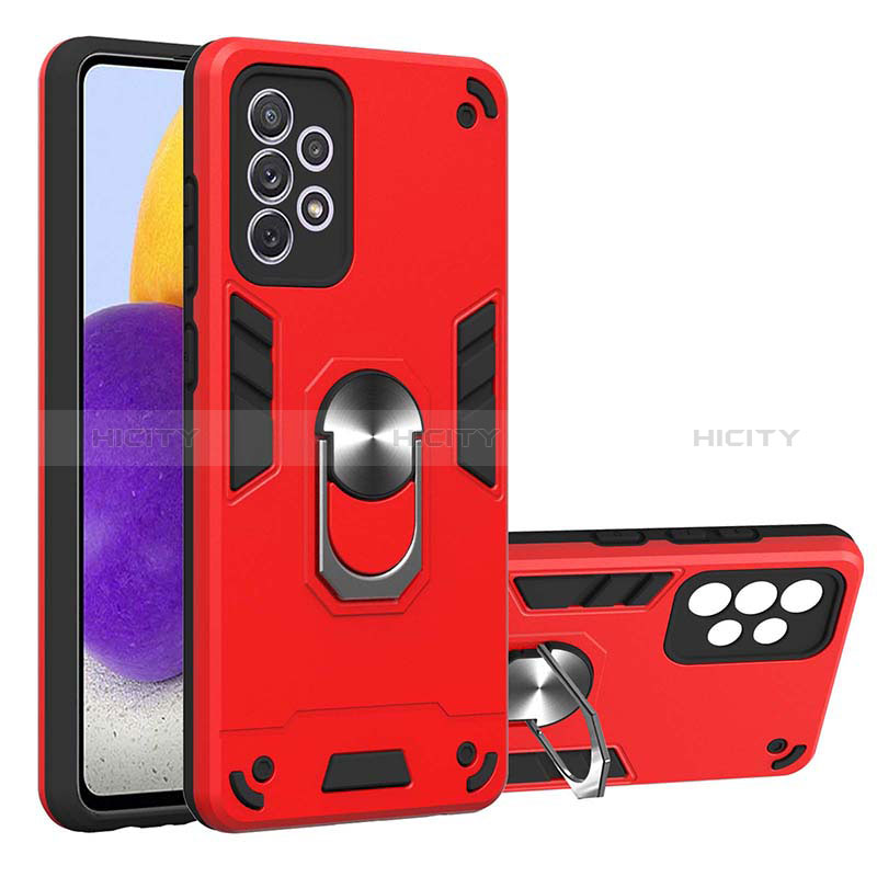 Silicone Matte Finish and Plastic Back Cover Case with Magnetic Finger Ring Stand Y01B for Samsung Galaxy A72 5G Red