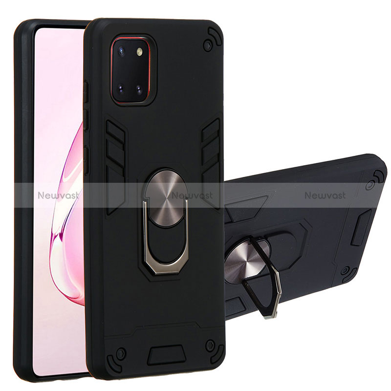 Silicone Matte Finish and Plastic Back Cover Case with Magnetic Finger Ring Stand Y01B for Samsung Galaxy A81 Black