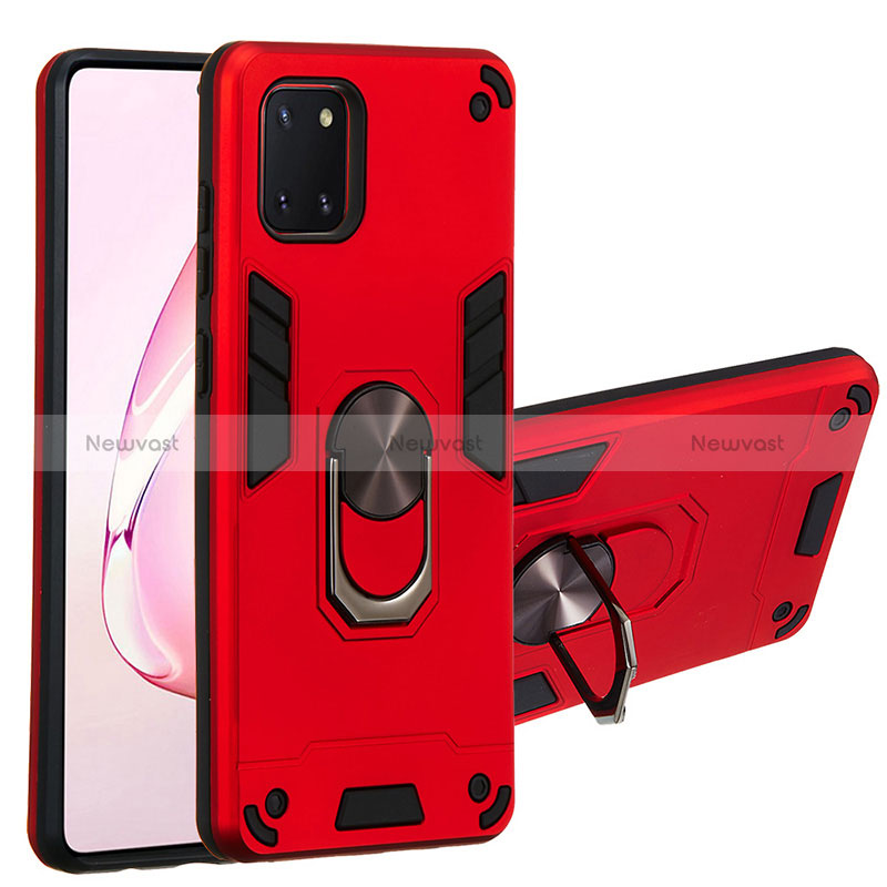 Silicone Matte Finish and Plastic Back Cover Case with Magnetic Finger Ring Stand Y01B for Samsung Galaxy A81 Red