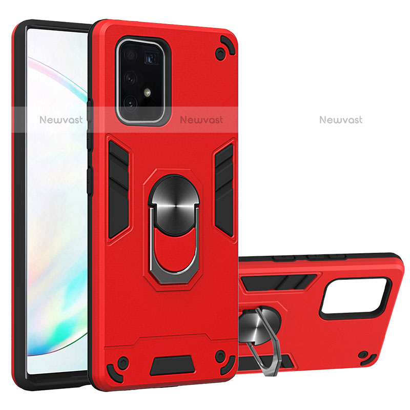 Silicone Matte Finish and Plastic Back Cover Case with Magnetic Finger Ring Stand Y01B for Samsung Galaxy A91 Red