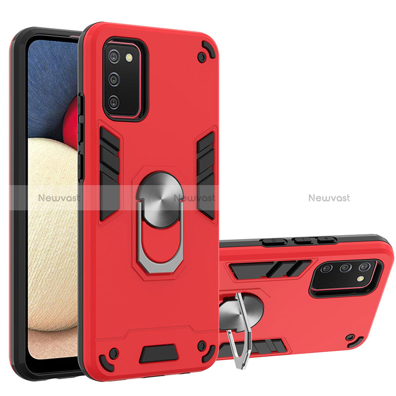 Silicone Matte Finish and Plastic Back Cover Case with Magnetic Finger Ring Stand Y01B for Samsung Galaxy F02S SM-E025F Red