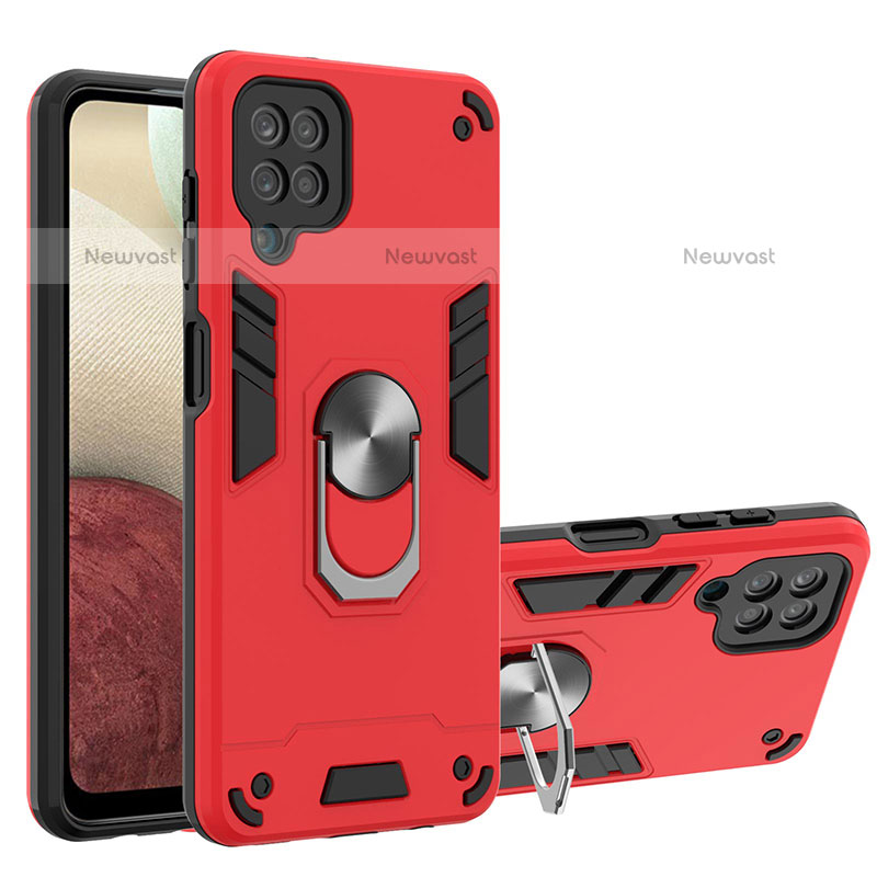 Silicone Matte Finish and Plastic Back Cover Case with Magnetic Finger Ring Stand Y01B for Samsung Galaxy F12 Red