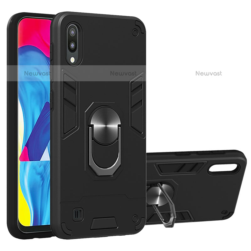 Silicone Matte Finish and Plastic Back Cover Case with Magnetic Finger Ring Stand Y01B for Samsung Galaxy M10