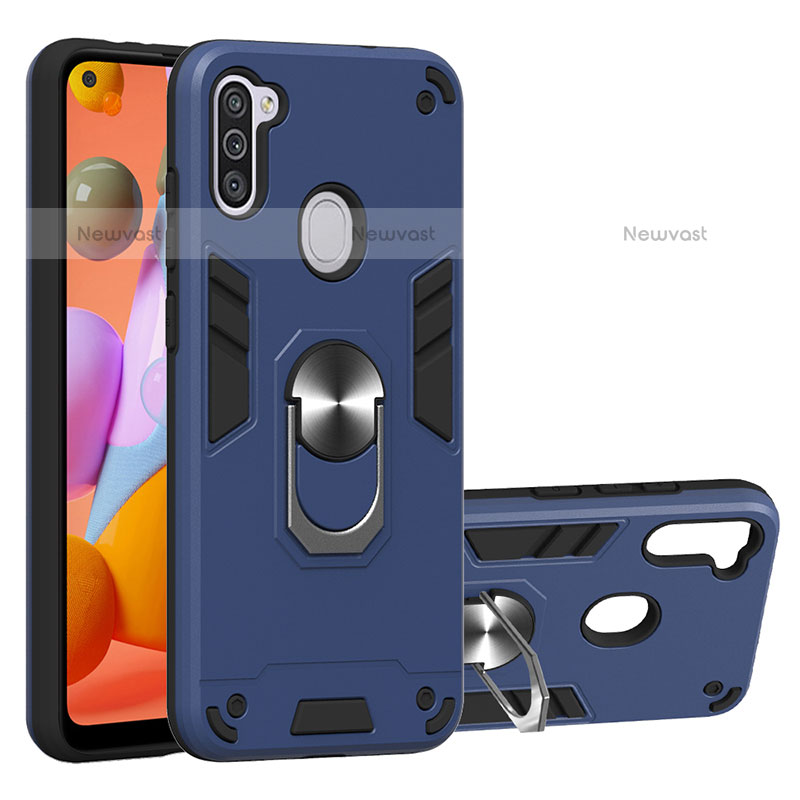 Silicone Matte Finish and Plastic Back Cover Case with Magnetic Finger Ring Stand Y01B for Samsung Galaxy M11