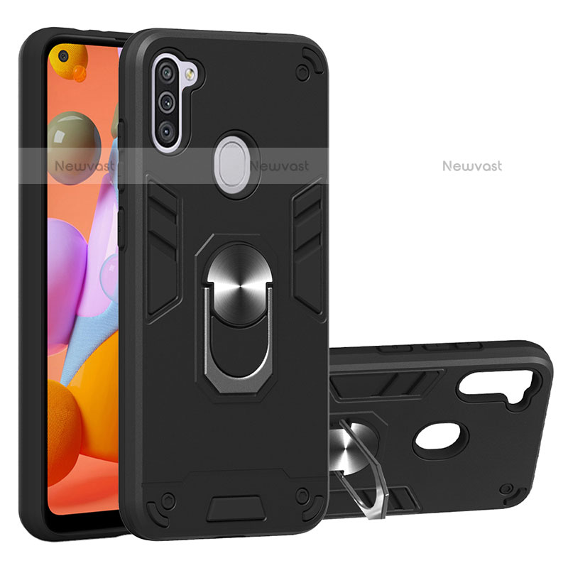 Silicone Matte Finish and Plastic Back Cover Case with Magnetic Finger Ring Stand Y01B for Samsung Galaxy M11