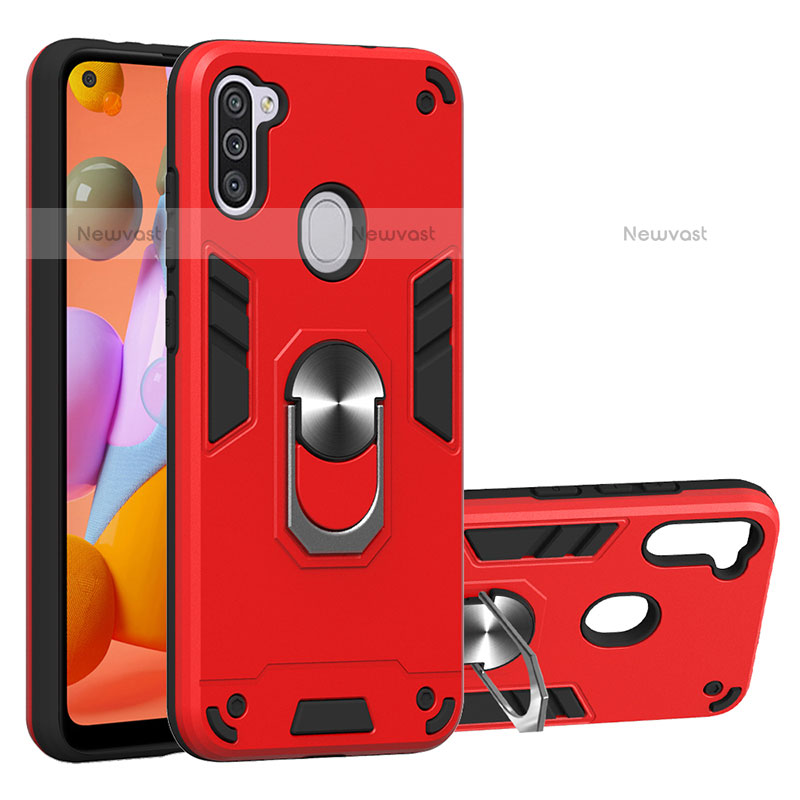 Silicone Matte Finish and Plastic Back Cover Case with Magnetic Finger Ring Stand Y01B for Samsung Galaxy M11 Red