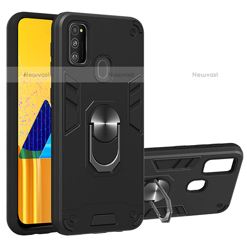 Silicone Matte Finish and Plastic Back Cover Case with Magnetic Finger Ring Stand Y01B for Samsung Galaxy M21 Black