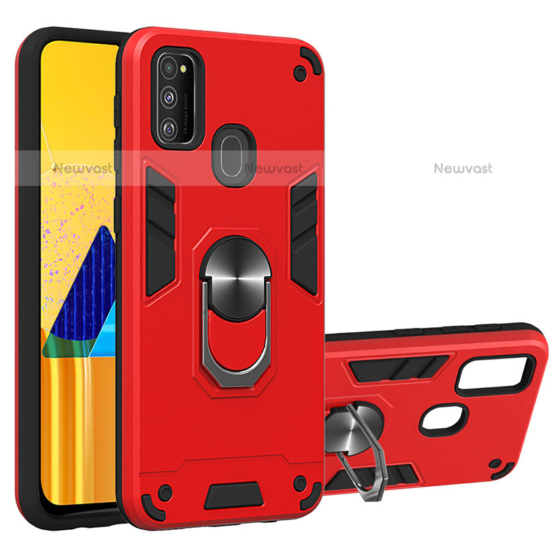 Silicone Matte Finish and Plastic Back Cover Case with Magnetic Finger Ring Stand Y01B for Samsung Galaxy M21 Red