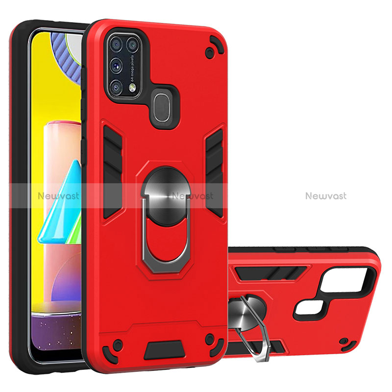 Silicone Matte Finish and Plastic Back Cover Case with Magnetic Finger Ring Stand Y01B for Samsung Galaxy M31 Prime Edition Red