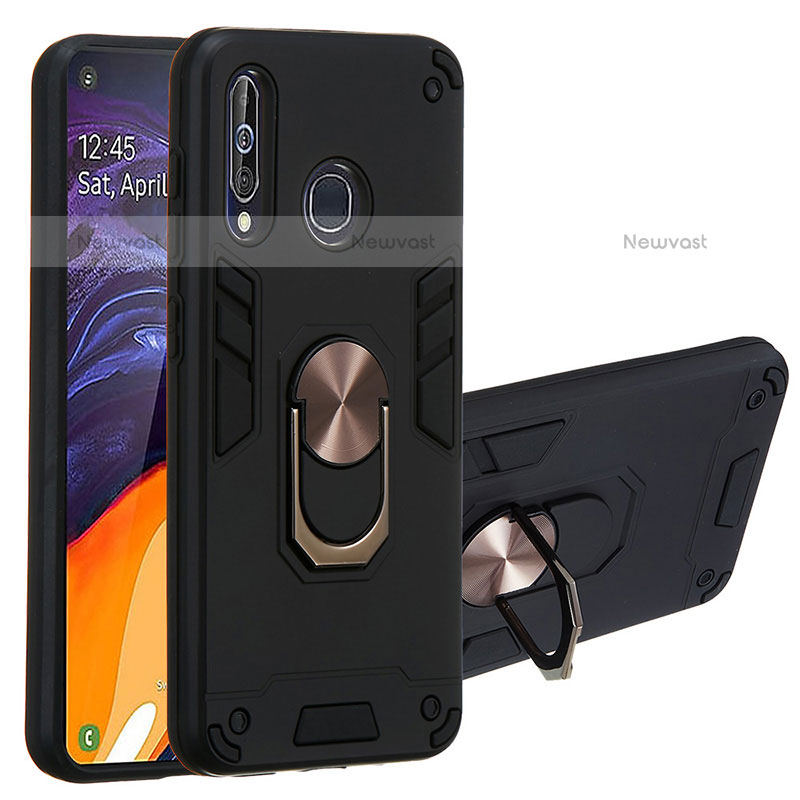 Silicone Matte Finish and Plastic Back Cover Case with Magnetic Finger Ring Stand Y01B for Samsung Galaxy M40 Black