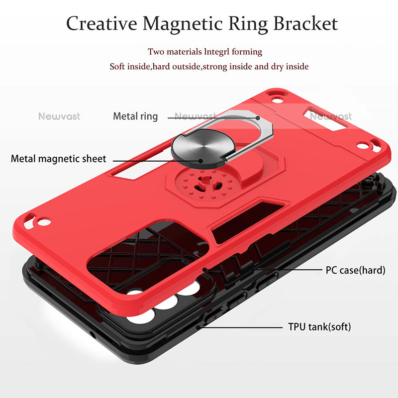 Silicone Matte Finish and Plastic Back Cover Case with Magnetic Finger Ring Stand Y01B for Samsung Galaxy Quantum2 5G